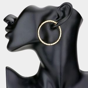 Gold Clip On Hoop Earrings 1.75 Inches Casual Simple Style Textured Jewelry